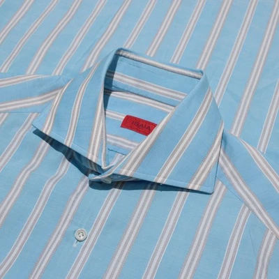 Camisa de vestir Isaia nueva con etiquetas manga larga talla 15 38 en rayas azules 100 % algodón Foto 1 de 4