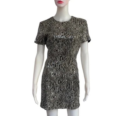 复古 20 世纪 90 年代 Lillie Rubin 灰色银色亮片蛇纹迷你连衣裙 6 码 — 第 1/4 张图片