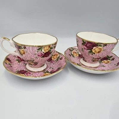 2 Royal Albert Bone China Old Country Roses DUSKY PINK LACE Tea Cups & Saucers - Image 1 of 4