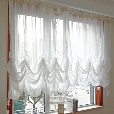 Sheer Lace Curtain with Attached Valance, 1 Panel White Balloon Curtain 78"x5... - Image 1 of 4