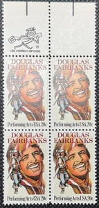 Estados Unidos Scott # 2088, Douglas Fairbanks, bloque de código postal de (4) estampillas de 20¢ de 1984, MNH - Imagen 1 de 2