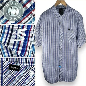 RVCA 2XL Cotton Pocket Logo Short Sleeve Button Up Shirt Blue Contrast Plaid XXL - Picture 1 of 24