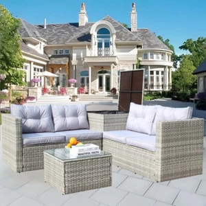 4 Piece Patio Sectional Wicker Rattan Outdoor Furniture Sofa Set with Box, Grey - Picture 1 of 20