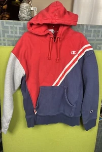 Champion Mujer Talla M Pullover Sudadera con Capucha Tejido Inverso Rojo/Azul/Gris - Imagen 1 de 3