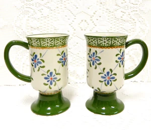 2 Temptations TRELLIS Mugs PEDESTAL FOOTED 8oz GREEN BLUE Floral FAST SHIP - Picture 1 of 13