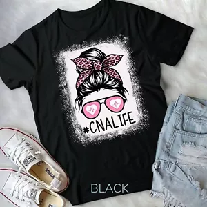 CNA Nurse Life Bleached Shirts Pink Leopard Messy Bun Womens Unisex T-shirt - Picture 1 of 11