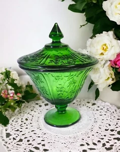 Vintage Green Glass Sharon Cabbage Rose Lidded Compote Candy Dish 7.5" H - Picture 1 of 22