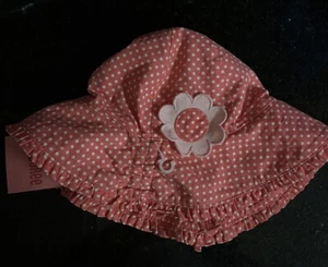 Gymboree Sun Hat Bucket Hat Coral White Polka Dot Flower Chin Strap 2T - 5T NWT - Picture 1 of 5