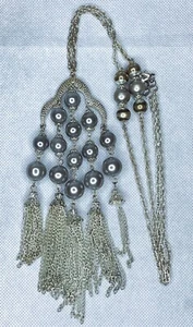 Large Silver Tone Bead & Chain Tassle Statement Chandelier Necklace 30" - Picture 1 of 6