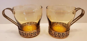 Set of 2 Vintage MCM Libbey Amber Glass Greek Key Cups Glasses Coffee Barware - Picture 1 of 14