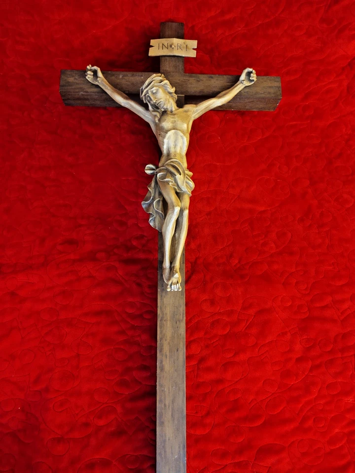 Crucifijo grande de madera, 36" de alto, bellas artes antiguas de Alemania Foto 1 de 4