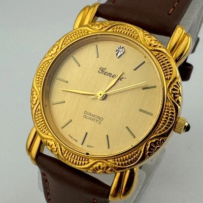 VTG Geneve Quartz Watch Unisex Ornate Bezel Diamond Leather Analog New Battery - Image 1 of 4