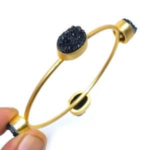 Natürlicher schwarzer Quarz Drusy vergoldet Silber Manschette 2,54" LBC-85 - Bild 1 von 3