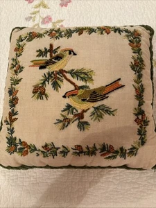 Birds Throw Pillow Embroidered Brown Green Yellow Orange Clean - Picture 1 of 8