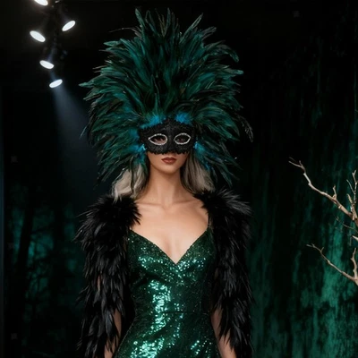 Tocado de plumas vestido de fantasía para actuación escénica de acción de gracias carnaval Foto 1 de 2