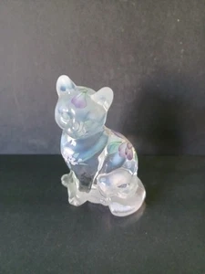 Fenton Art Glass Cat Opalescent Flowers Hand Painted  Clear Artist Signed - Picture 1 of 7