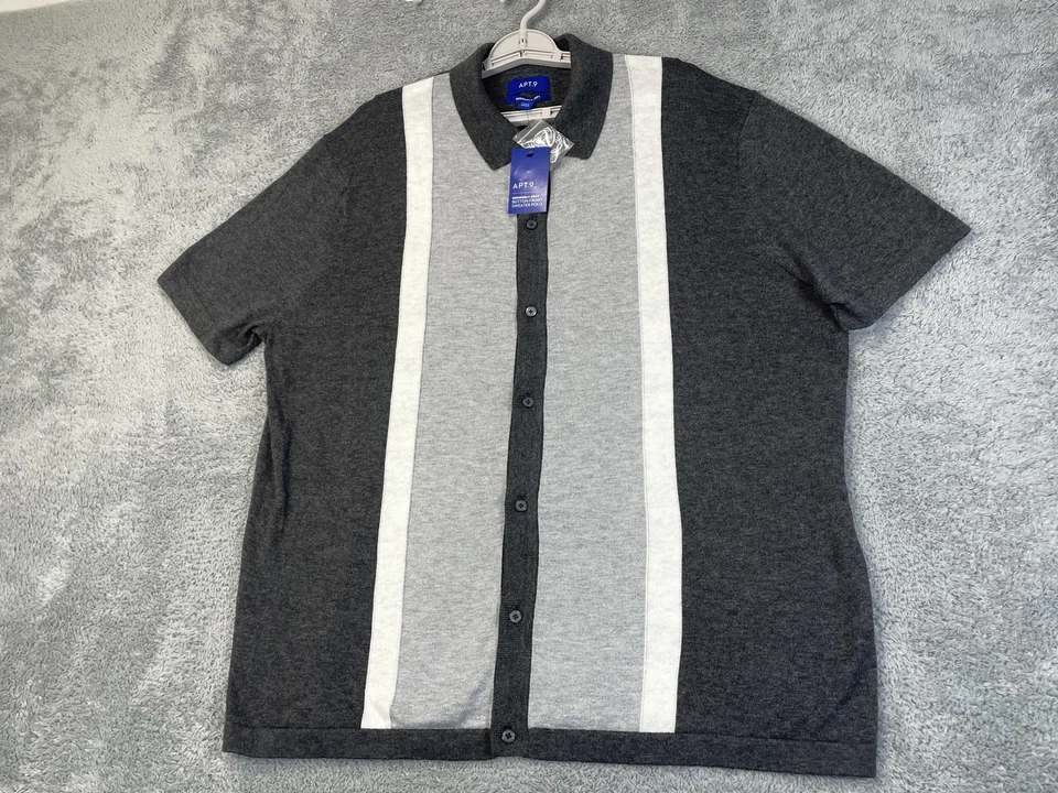 Apt 9 Sweater Polo Shirt Mens 2XL Gray Button Front Seriously Soft Short Sleeve - Image 1 of 4