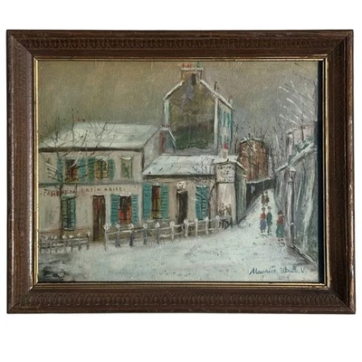 16.5” Vintage Maurice Utrillo Winter Lapin Agile Framed Lithograph Art Print - Image 1 of 3