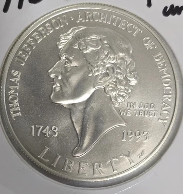 1993 S Thomas Jefferson 200th Anni Silver Dollar Commemorative Uncirculated Coin - Image 1 of 2
