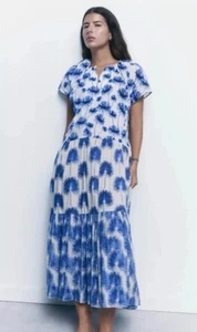 ZARA NEW BLUE/ECRU PRINTED COTTON POPLIN LONG MIDI MAXI DRESS SIZE XXL - Picture 1 of 5