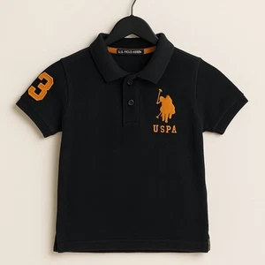 US Polo Assn Boys Polo Shirt Black Orange Logo Size Approx 4-5Y Cotton - Picture 1 of 10