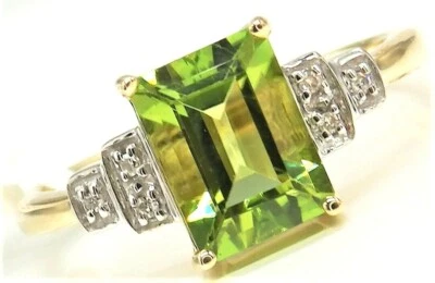 9ct gold ring peridot diamond 9 carat yellow gold art deco style baguette q - Image 1 of 4