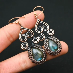 Labradorite Gemstone Copper Wire Wrapped Handmade Earring Designer Jewelry Gift - Picture 1 of 4