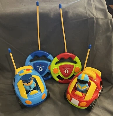 Prextex Cartoon RC Police Race Car & Blue Race Car Set Working Great - Image 1 of 4