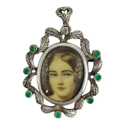 Antico Pendente/ spilla con miniatura dipinta a mano - Argento 800 - Immagine 1 di 4