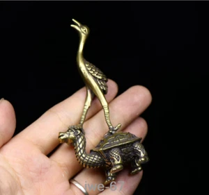 rare Old China antique solid bronze turtle crane statue Desktop decoration - Picture 1 of 5