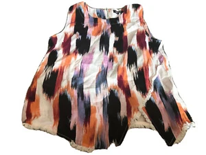 DKNY M Linen Ikat Fringe Asymmetric Hem Sleeveless Shell Top Zip Back Colorful - Picture 1 of 6