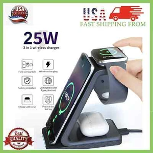 New 3 IN 1 Wireless Charger Charging Dock Stand for iPhones Airpods iWatch 25W - Picture 1 of 8
