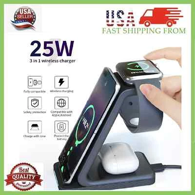 New 3 IN 1 Wireless Charger Charging Dock Stand for iPhones Airpods iWatch 25W - Image 1 of 4