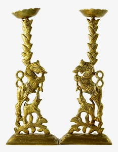 = 19th C. Pair Candleholders Prickets Lions Elephants Dutch Colonial Indonesia - Picture 1 of 24