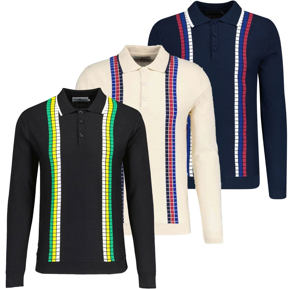MADCAP MENS RETRO 60s 70s MOD Vintage Knit Long Sleeve Polo Zodiac MC1032 - Image 1 of 1