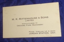 SE878 Vtg Business Card M.K. Rittenhouse & Sons Ltd Jordan Station ON
