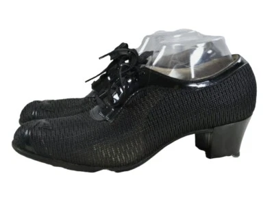 vintage 1940s Miller Womens Black Mesh Patent Lace Up Oxford Heels 9B - Image 1 of 4