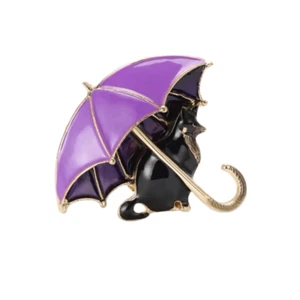 BLACK CAT WITH PURPLE UMBRELLA BROOCH - Picture 1 of 1