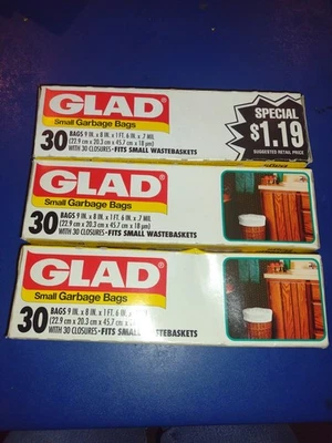 Vintage Glad Small Garbage Bags Lot of 3 New Sealed 30 Bags Each Box USA Made - Image 1 of 4