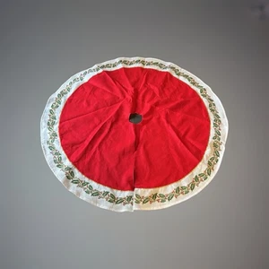 Vintage roter Filz Weihnachtsbaum Rock mit weißer Stechpalme Borte 50" im Durchmesser. - Bild 1 von 5