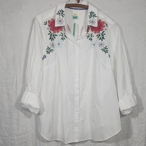Blusa Camisa MMAEVE para ANTHROPOLOGIE talla 22W Bordada Floral Blanca Botón - Imagen 1 de 7
