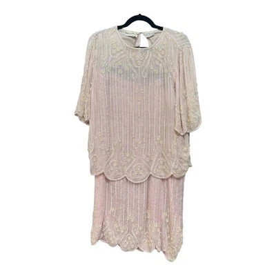 Conjunto Top y Falda Vintage SCALA 80 Rosa Seda Cuentas Lentejuelas 2 Piezas Talla XL Foto 1 de 4