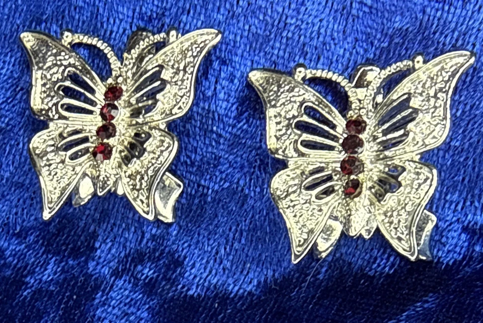 Silver Tone Metal hair claw butterfly clips Red Rhinestones Set Of 2 Great - Image 1 of 4