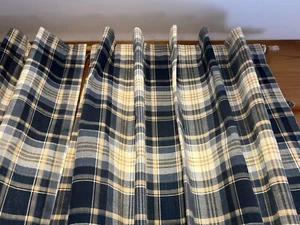 2 EUC Springs Global navy/cream/tan plaid poly/cotton panels, 39.5"Wx83"L, tabs - Picture 1 of 14