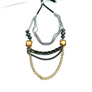 Fossil Multiple Layered Link Chain Faceted Crystals Glass Statement Necklace 30" - Picture 1 of 10