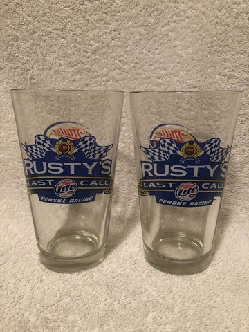 2 Rusty's Last Call Miller Lite Pint Glasses NASCAR Wallace Penske Racing YY Cover