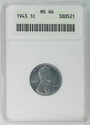 1943 Old ANACS MS 66 United States / American Lincoln Steel Wheat Cent! - Image 1 of 2