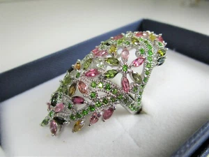 FLOWER RING #8.75 Fancy Tourmaline & Chrome Diopside 10.78 CTW 14kwg/925 Silver - Picture 1 of 10
