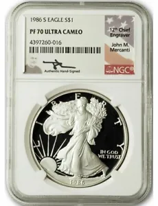 1986-S Silver Eagle NGC PF 70 Ultra Cameo John Mercanti Signed - Picture 1 of 2