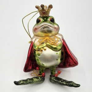 Vintage Blown Glass Frog Prince Christmas Ornament Red Robe Green Glitter Feet - Picture 1 of 16